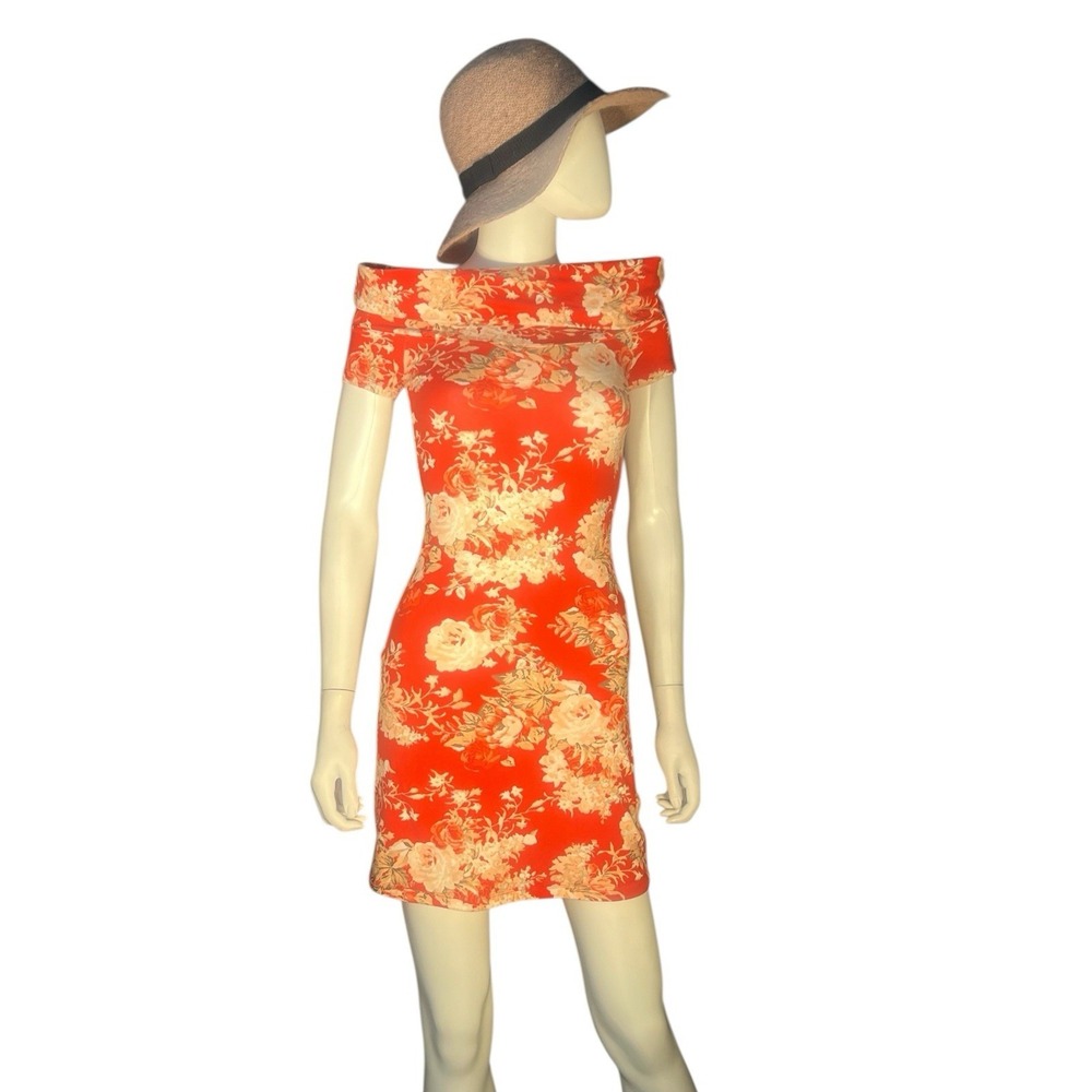 Sezane Red Floral Doriana Off Shoulder Bodycon Mini Dress XS Cottagecore - Picture 2 of 7
